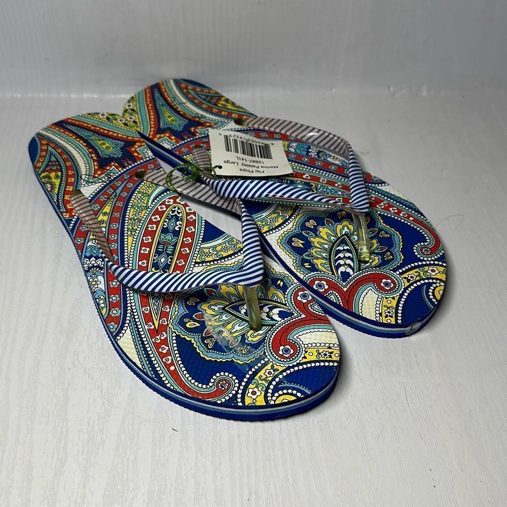 Vera Bradley Marina Paisley Flip Flops Blue & White Striped Women's Size L Large